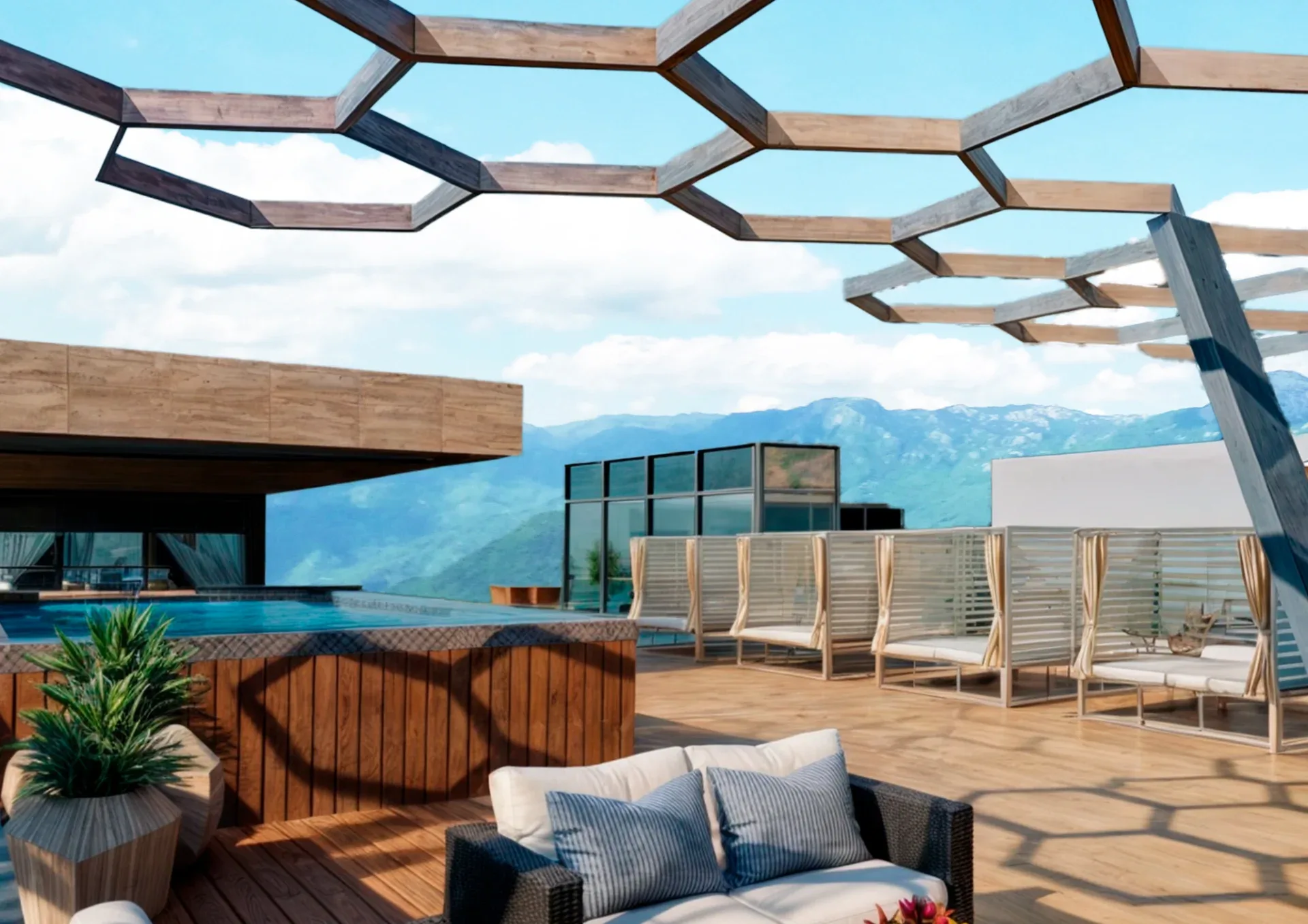 Render de alberca infinity y terraza en roof top
